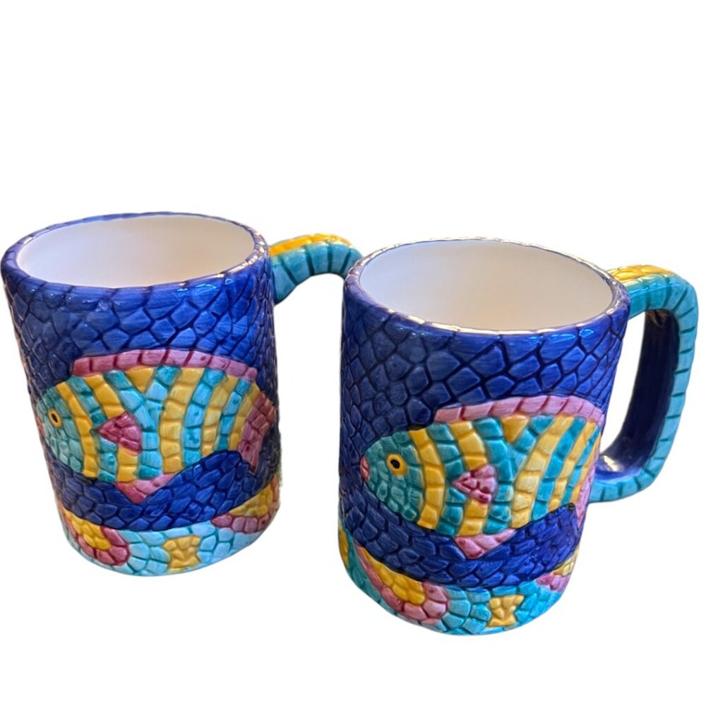 HTF Pair of Collectible Vtg 1994 CLAY ART Mosaic Fish Mugs Hand-Painted Ceramic